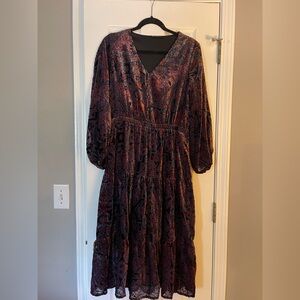 Tahari Velvet Paisley V-Neck Long Sleeve Midi Dress in Plum and Burgundy